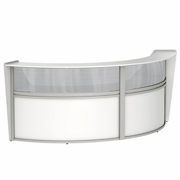 Curved Reception Desk 2 Units, Clear Panel, 124 inW x 49 inD, White